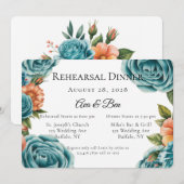 Teal Roses and Orange Floral Rehearsal Dinner Einladung (Vorne/Hinten)