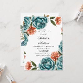 Teal Roses and Orange Floral Wedding Celebration  Einladung