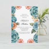 Teal Roses and Orange Floral Wedding Shower Einladung (Stehend Vorderseite)