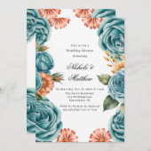 Teal Roses and Orange Floral Wedding Shower Einladung (Vorne/Hinten)