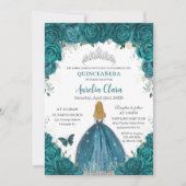 Teal Roses Floral Blonde Princess Quinceanera 16th Einladung (Vorderseite)