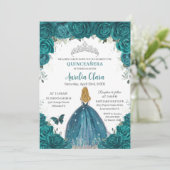 Teal Roses Floral Blonde Princess Quinceanera 16th Einladung (Stehend Vorderseite)