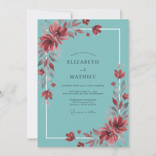 Teal-Rost-Wildblumen-Hochzeit Einladung (Vorderseite)