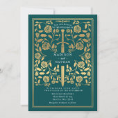 Teal Royal Medieval Gold Schwert Hochzeit QR Code Einladung (Vorderseite)