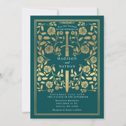 Teal Royal Medieval Gold Sword Wedding QR Code Einladung (Vorderseite)