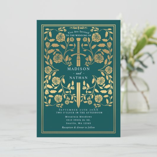 Teal Royal Medieval Gold Sword Wedding QR Code Einladung (Stehend Vorderseite)