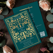 Teal Royal Medieval Gold Sword Wedding QR Code Einladung