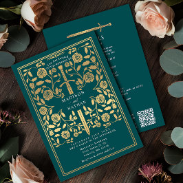 Teal Royal Medieval Gold Sword Wedding QR Code Einladung