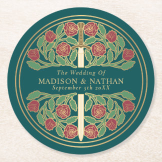 Teal Royal Medieval Gold Sword Wedding Runder Pappuntersetzer