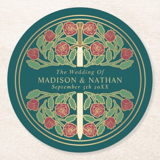 Teal Royal Medieval Gold Sword Wedding Runder Pappuntersetzer (Vorderseite)