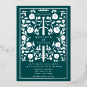 Teal Royal Medieval Silver Sword Wedding Details Folieneinladung (Vorderseite)