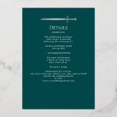 Teal Royal Medieval Silver Sword Wedding Details Folieneinladung (Rückseite)