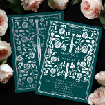 Teal Royal Medieval Silver Sword Wedding Folieneinladung<br><div class="desc">Celebrate your special day with this Royal Medieval Sword Wedding design on a teal background. This design features a frame with a sword and flowers. The silver on the back of this product is printed in flat colors and is NOT real foil.</div>