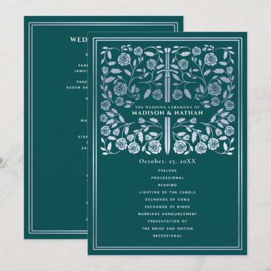 Teal Royal Medieval Silver Sword Wedding Program Programm (Vorne/Hinten)