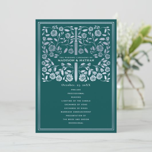 Teal Royal Medieval Silver Sword Wedding Program Programm (Stehend Vorderseite)