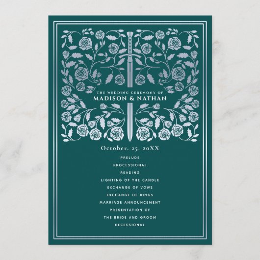 Teal Royal Medieval Silver Sword Wedding Program Programm (Vorderseite)