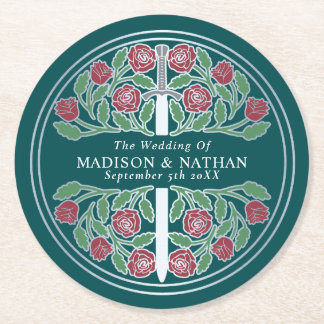 Teal Royal Medieval Silver Sword Wedding Runder Pappuntersetzer