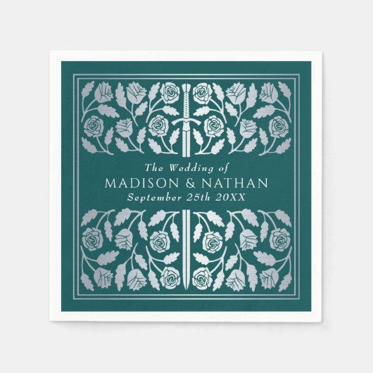 Teal Royal Medieval Silver Sword Wedding Serviette (Vorderseite)