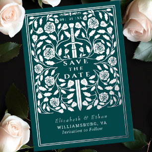 Teal Royal Mittelalter-Schwert-Hochzeit Save the D Folieneinladung