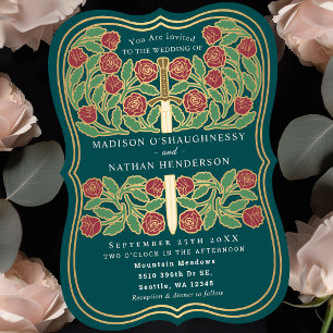 Teal Royal Mittelalterliches Floralschwert Hochzei Einladung