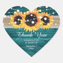 Teal Rustic Burlap Lace Sunflower Wedding Herz-Aufkleber