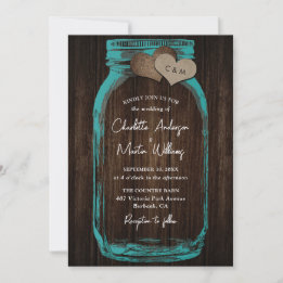 Teal Rustic Wood Burlap Hearts Mason Jar Wedding Einladung