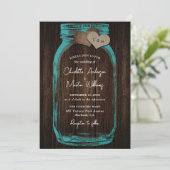 Teal Rustic Wood Burlap Hearts Mason Jar Wedding Einladung (Stehend Vorderseite)