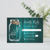 Teal Rustic Wood Mason Jar Burlap Hearts Wedding RSVP Karte (Stehend Vorderseite)