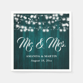 Teal Rustic Wood String Lights Mr and Mrs Wedding Serviette