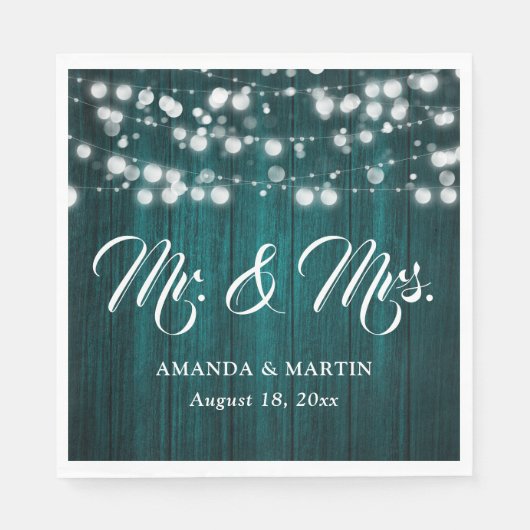 Teal Rustic Wood String Lights Mr and Mrs Wedding Serviette (Vorderseite)