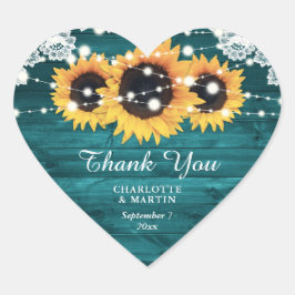 Teal Rustic Wood Sunflower Wedding Thank You Herz-Aufkleber