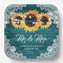 Teal Rustikale Holz-Spitze Sonnenblume Hochzeit