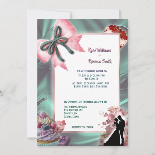 Teal Satin & Pink Bow Wedding Invitation Einladung (Vorderseite)