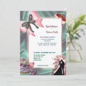Teal Satin & Pink Bow Wedding Invitation Einladung (Stehend Vorderseite)