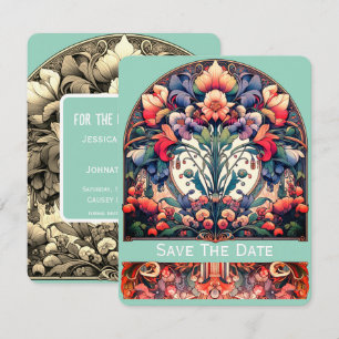 Teal Save-The-Date-Karte im Mucha-Stil Save The Date