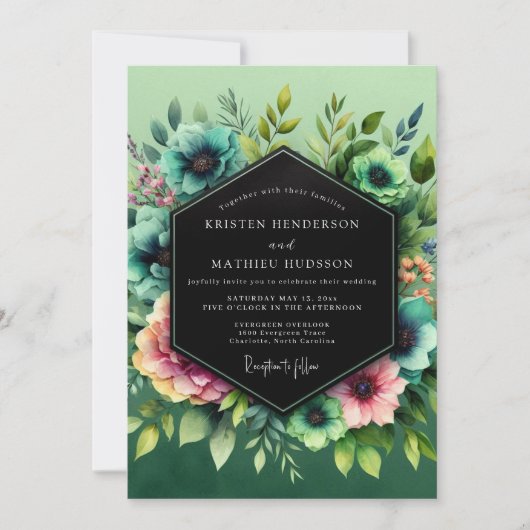 Teal-Schimmernde Flora-Hochzeit Einladung (Vorderseite)