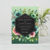 Teal-Schimmernde Flora-Hochzeit Einladung (Stehend Vorderseite)
