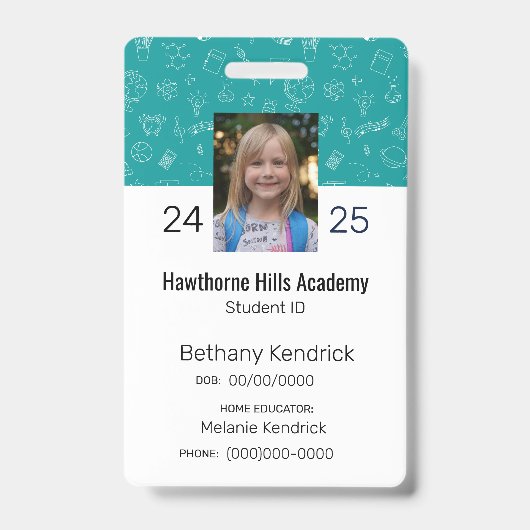 Teal School Icons Homeschool Student ID Badge Ausweis (Front)