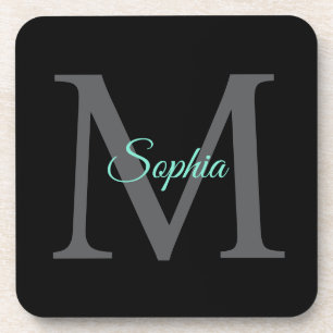 Teal Schriftname, großes graues Monogramm auf Schw Getränkeuntersetzer