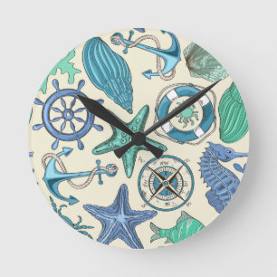 Teal Sea Animals Pattern Runde Wanduhr