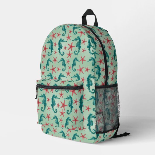 Teal Seahorse Pattern Bedruckter Rucksack (Rückseitige Ecke Rechts)