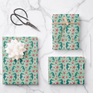Teal Seahorse Pattern Geschenkpapier Set