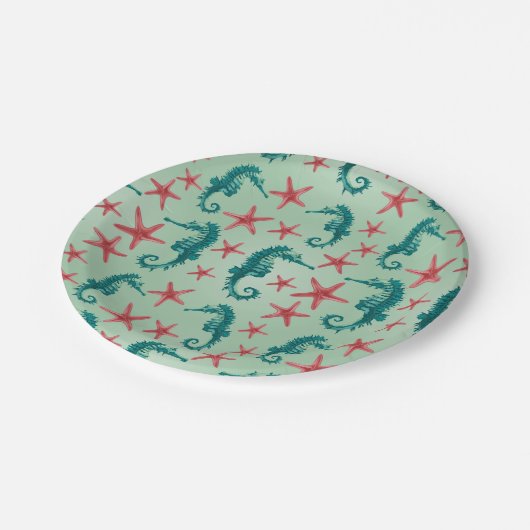 Teal Seahorse Pattern Pappteller (Schrägansicht)