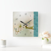 Teal Serene Butterfly Numbered Wall Clock Quadratische Wanduhr (Zuhause)
