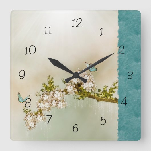 Teal Serene Butterfly Numbered Wall Clock Quadratische Wanduhr (Vorderseite)