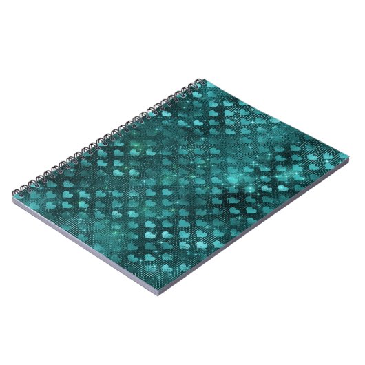 Teal Shadow Glam Glitter Hearts Pattern Notizblock (Linke Seite)