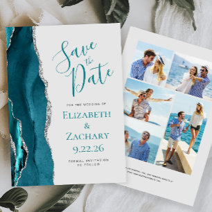 Teal Silber Achat 5-Foto Grau Save-the-Date Einladung