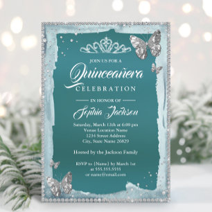 Teal Silber Diamant Schmetterling Glanz Quinceaner Einladung