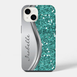 Teal Silber Glanz Glamour personalisiertes Metall iPhone 14 Hülle