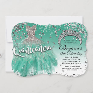 Teal Silber Glitter Glamour Kleid Quinceañera 15 Einladung